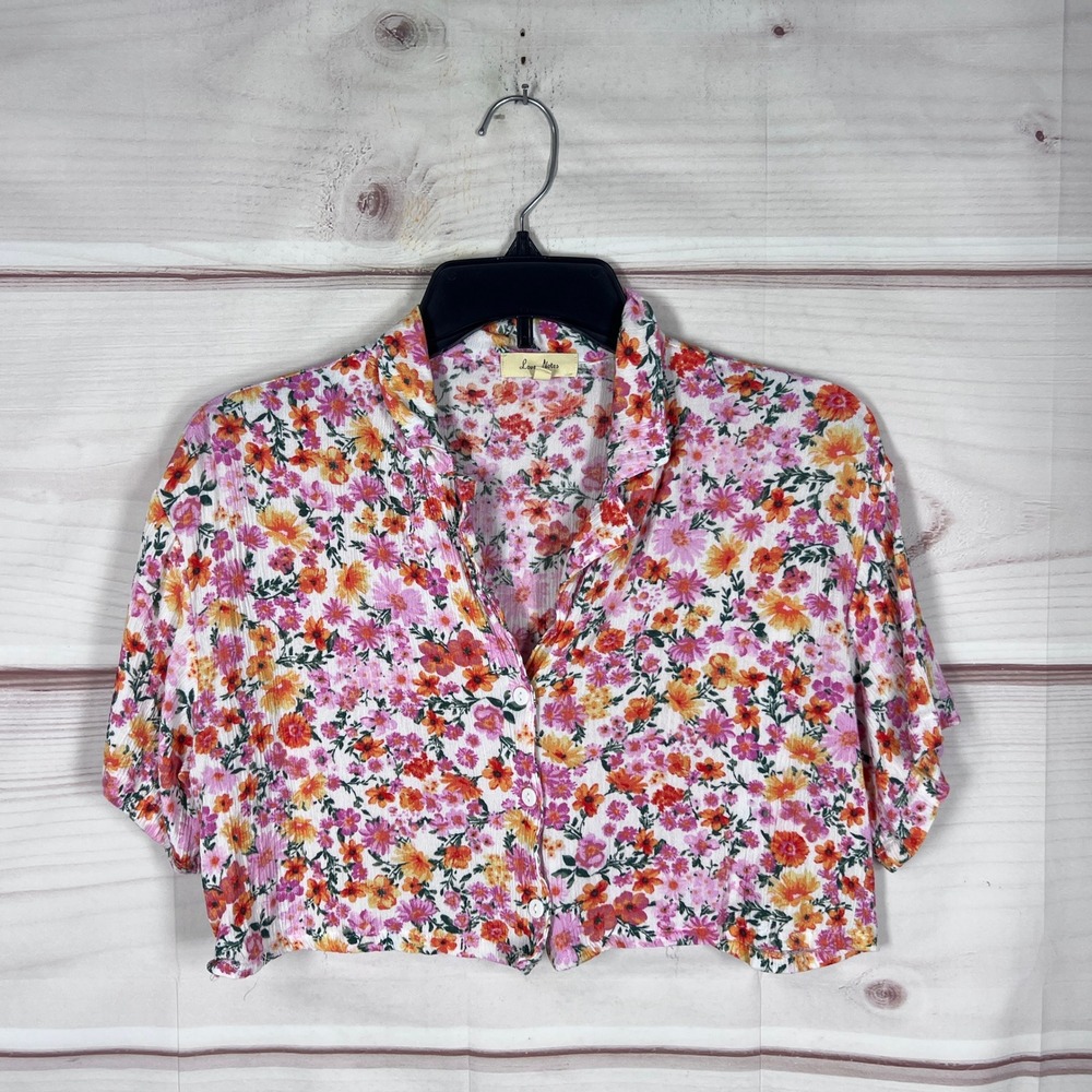 Love Notes Top Womens M Pink Floral Button Up Cropped Short Sleeve Rayon Shirt